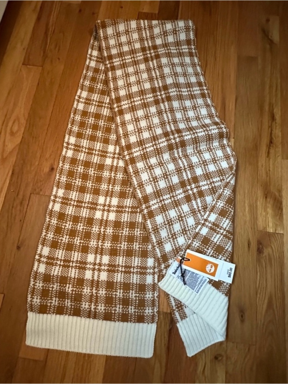 Timberland Cream & Brown Plaid Knit Scarf